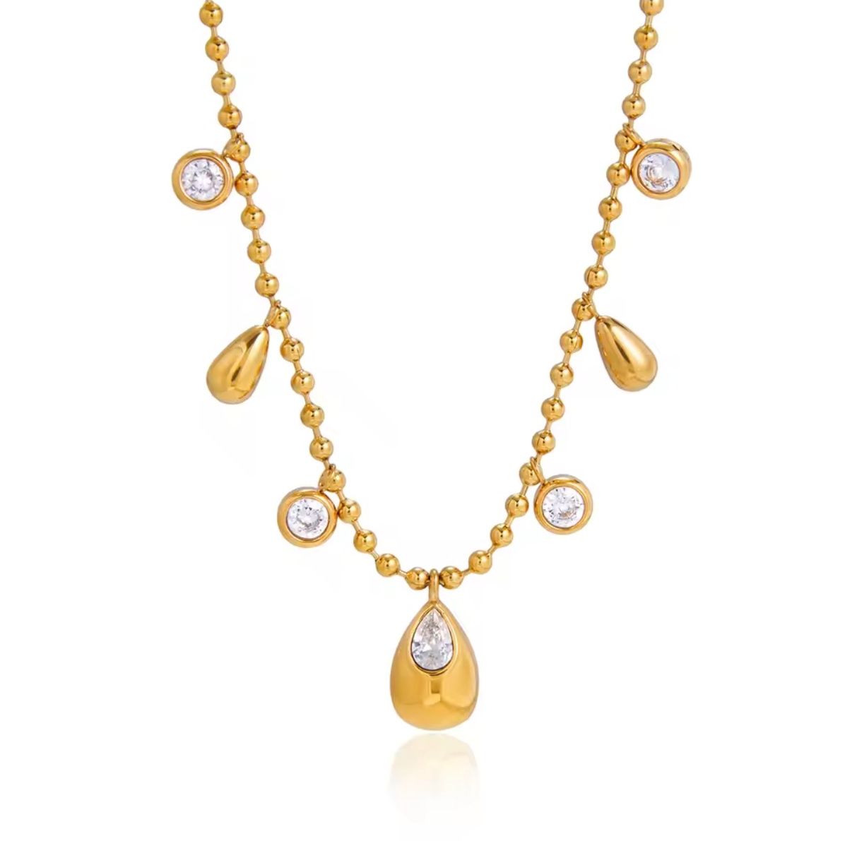 Teardrop & Bezel Crystal Gold Ball Chain Charm Necklace