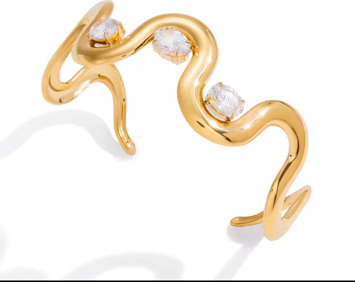 Organic Wavy Crystal Gold Open Cuff Bangle