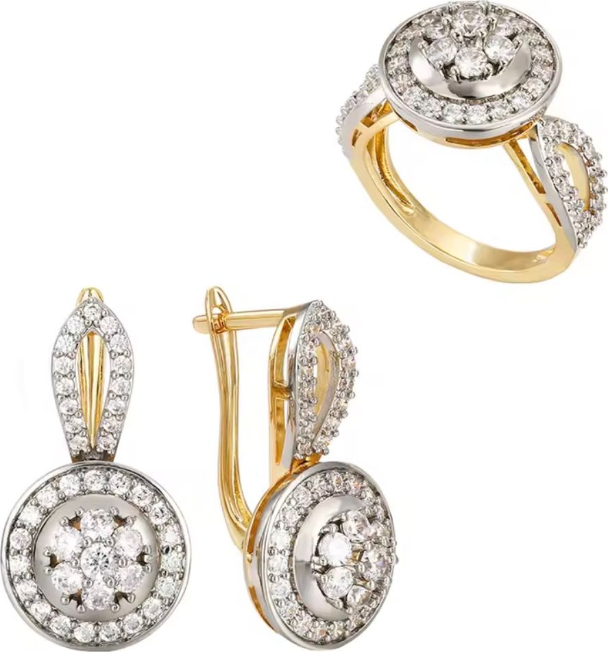 Two-Tone Round Cluster Crystal Ring & Leverback Earrings Jewelry Set
