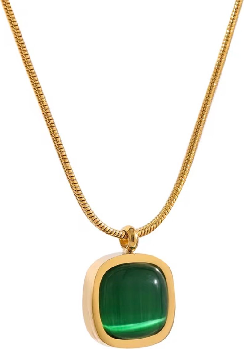 Cushion-Cut Green Malachite Gold Snake Chain Pendant Necklace