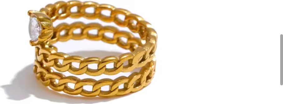Triple-Layer Chain Link Pear Crystal Gold Ring