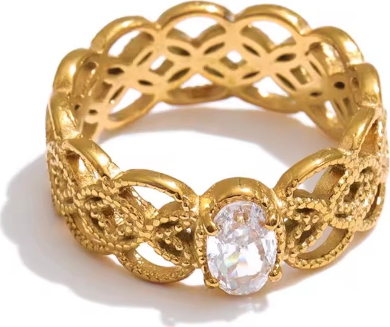 Vintage Lattice Filigree Oval Crystal Gold Ring