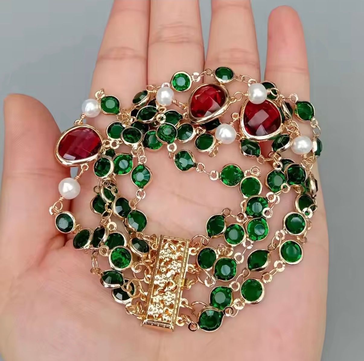Emerald & Ruby Gemstone Pearl Layered Bracelet