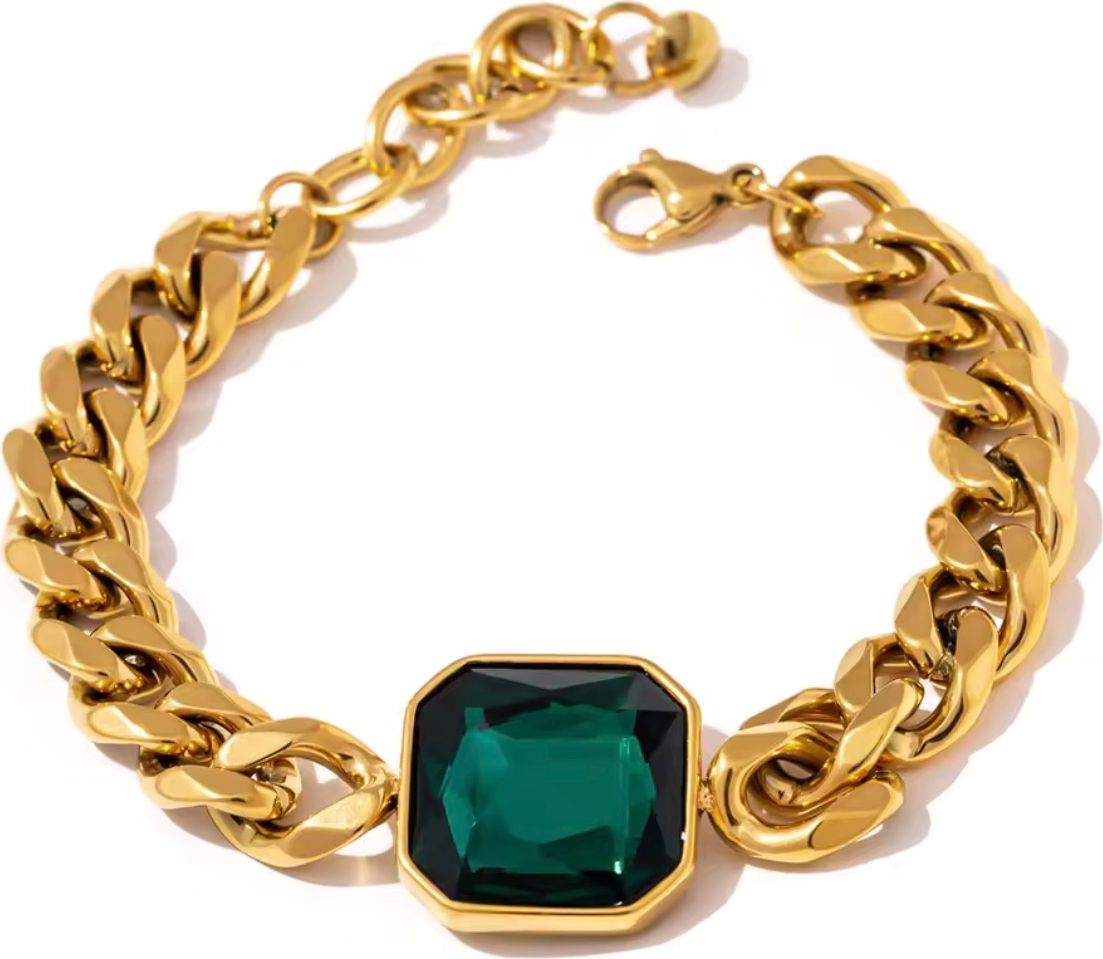 Emerald-Cut Gemstone Gold Curb Chain Link Bracelets