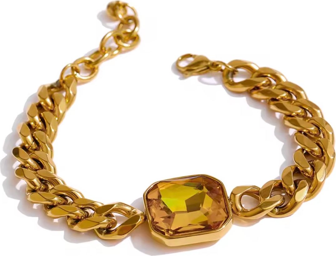 Emerald-Cut Gemstone Gold Curb Chain Link Bracelets